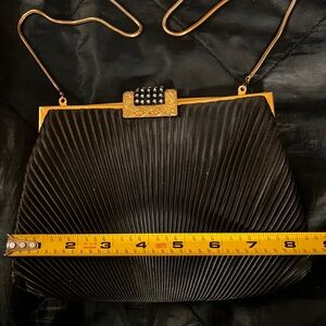 La Regale Black Pleated Evening Clutch with Gold Frame